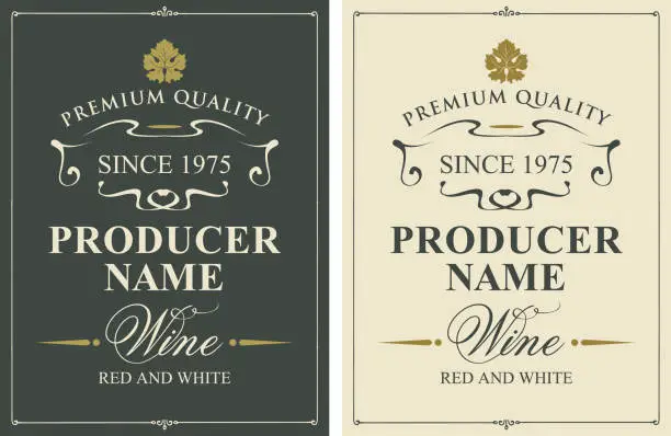 Vector illustration of Set of two wine labels with vine leaves