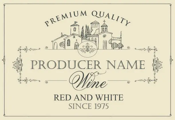 Vector illustration of wine label with contour drawing of village