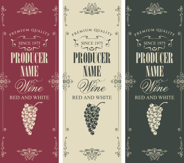 set of wine label with bunches of grapes Vector set of three labels for red and white wine with bunches of grapes and calligraphic inscriptions in retro style in frame with curls vineyard wine frame vine stock illustrations