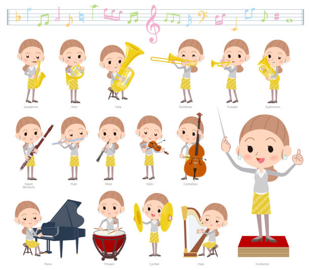 illustrations, cliparts, dessins animés et icônes de derrière les cheveux noeud jaune porter women_classic musique - cello musical instrument classical music music