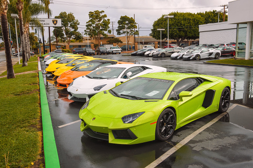 Newport Beach, California, USA - January 9, 2018 : Lamborghini cars in different colors parked at the factory authorized dealership for Orange County in California.