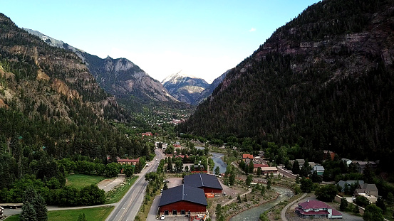Drone footage hovering over the beautiful mountain town of Ouray in Southwestern Colorado