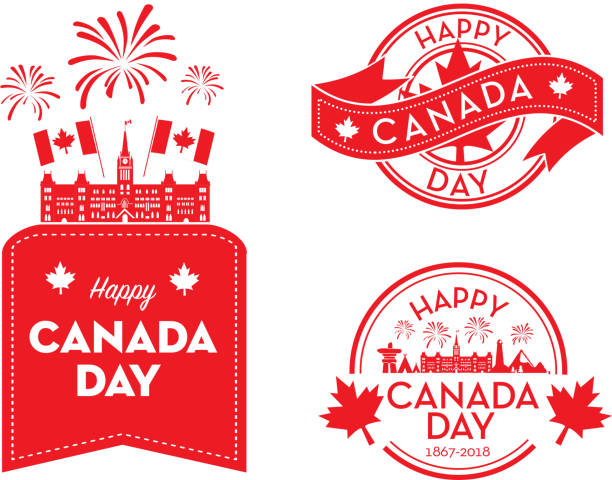 Set of Canada Day celebration emblem design template Vector illustration of a set of Canada Day celebration design template. Includes Canadian icons, Inuksuk, Parliament building, teepees, lighthouse, Rocky Mountains, maple leafs, Canadian flag and fireworks. Easy to edit. canadian flag maple leaf computer icon canada stock illustrations