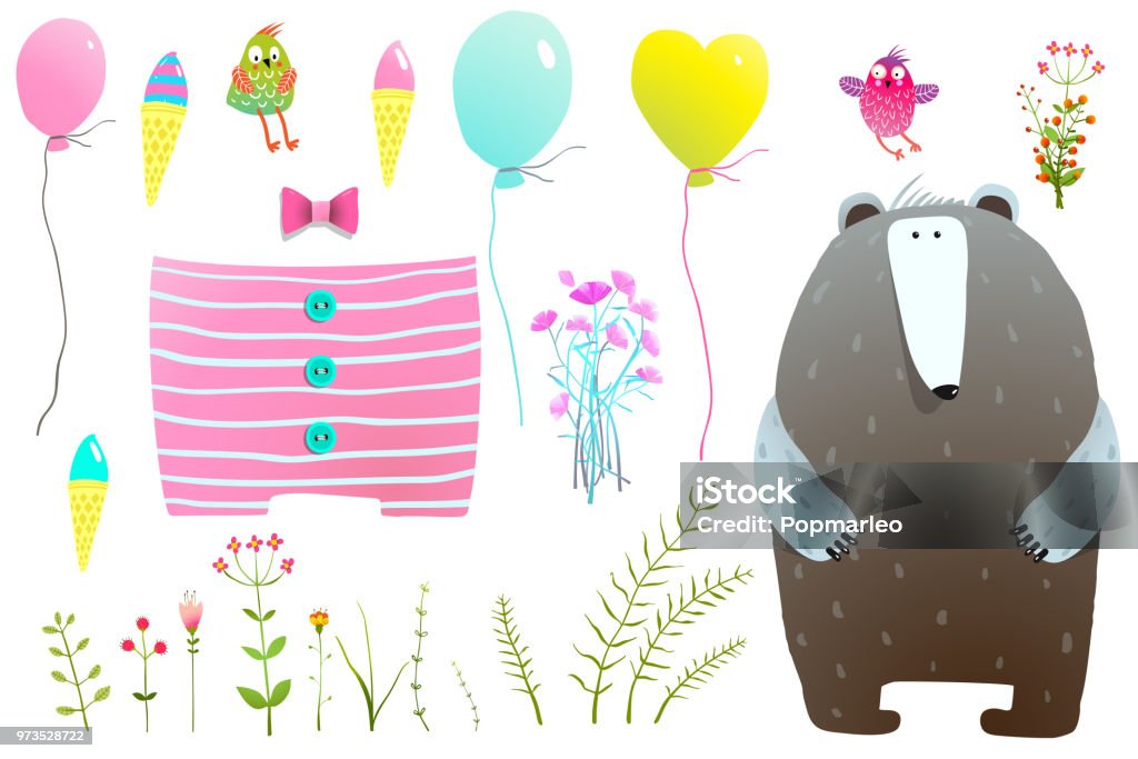 Dress and Items for Bear Clipart Set Funny bear and collection of items. Vector illustration. Animal stock vector