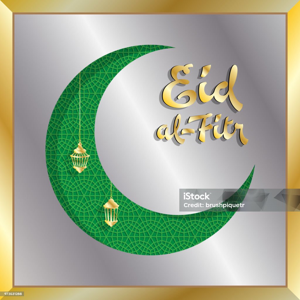 Eid-al-Fitr greeting card with silver and gold crescent moon Eid-al-Fitr greeting card with silver and gold crescent moon. All the objects are in different layers and the text types do not need any font. Arab Culture stock vector