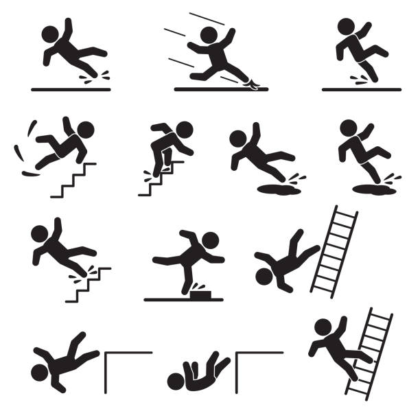 ilustraciones, imágenes clip art, dibujos animados e iconos de stock de gente conjunto de iconos de caerse o deslizarse. vector. - falling ladder physical injury accident