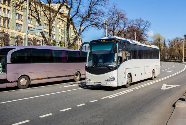 istock two tourist buses go down the street 973534248