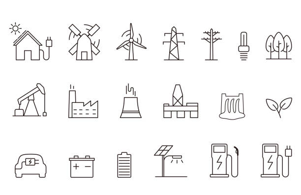 illustrazioni stock, clip art, cartoni animati e icone di tendenza di set di icone energia di potenza, illustrazione vettoriale - energia eolica
