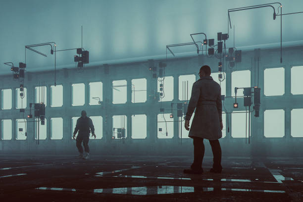 istock Strange men standing in futuristic building 973540420