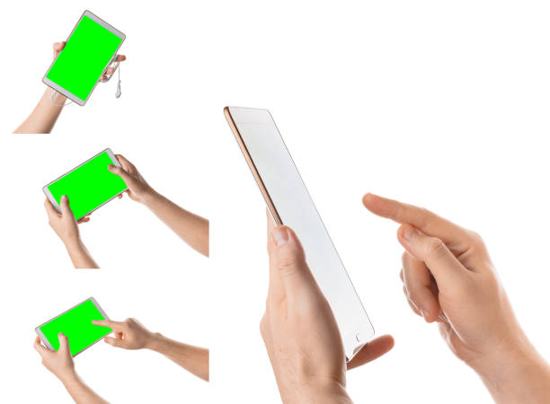 istock Man hold and touch white tablet. Isolated on white background. Isolated screen with chroma key and all isolated on white background. Collage of set photos. 973542552