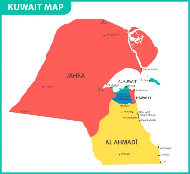 Vector illustration of The detailed map of the Kuwait with regions or states and cities, capital. Administrative division.