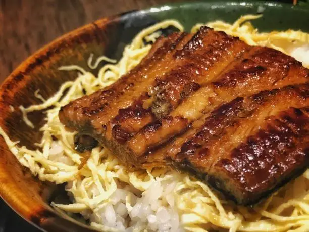 Unagi is eel read in Japanese. Unagi rice bowl serve with rice,,egg slices, and juice grilled eel on top.