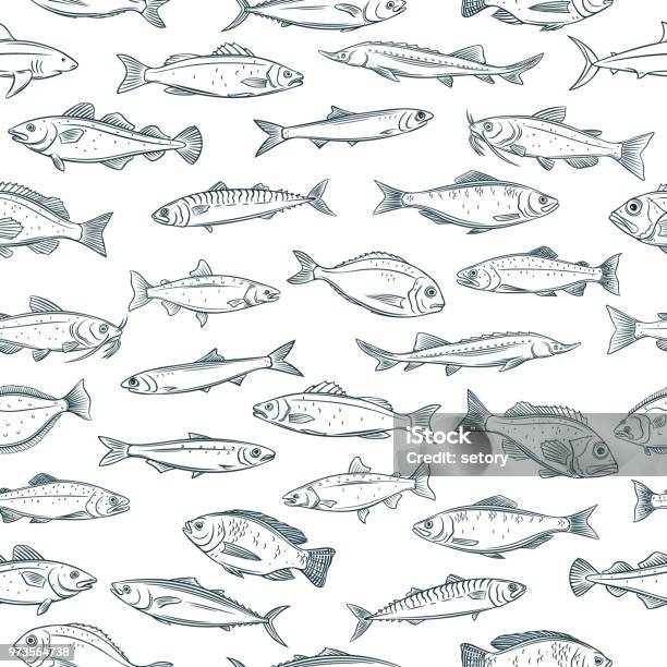 Modèle Sans Couture Poissons Dessinés À La Main Vecteurs libres de droits et plus d'images vectorielles de Poisson - Poisson, Motif, Industrie de la pêche