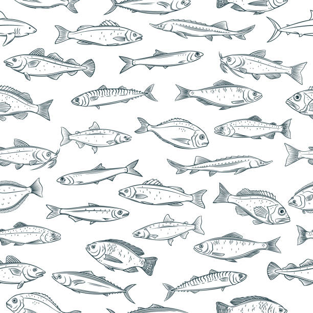 bezszwowy wzór ręcznie rysowane ryby - prepared fish stock illustrations