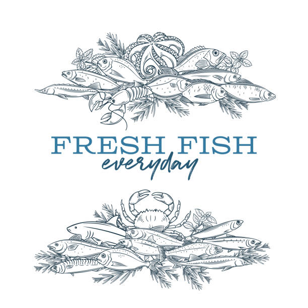 ilustraciones, imágenes clip art, dibujos animados e iconos de stock de poster peces dibujados a mano - fish prepared fish fishing bass