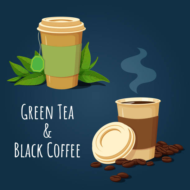 Coffee and tea paper cups with tea leaves and coffee beans. Vector illustration of two disposable paper cups. Cup of green tea with teabag and fresh green tea leaves. Cup of hot black coffee with coffee beans. tea stock illustrations