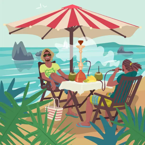 Vector illustration of Men smoking hookah on tropical beach