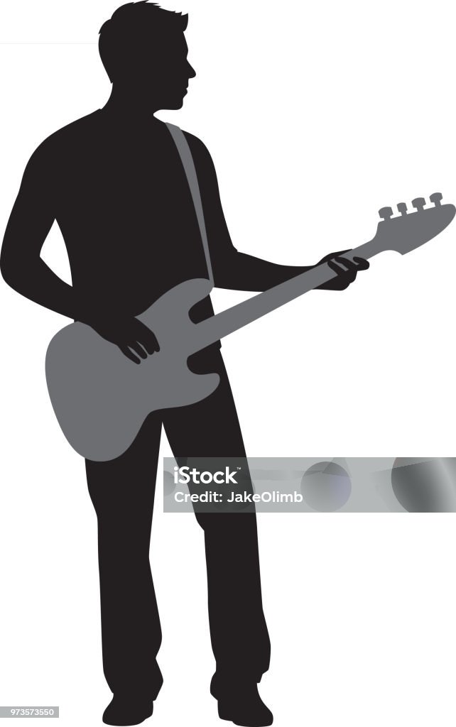 Man Playing Bass Guitar Silhouette Vector silhouette of a man playing a bass guitar. Guitarist stock vector