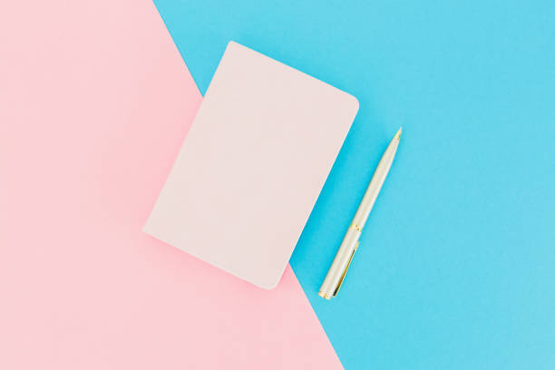 istock Diary and silver pen on blue and pink background. Minimalistic composition. Flat lay. Top view 973582598