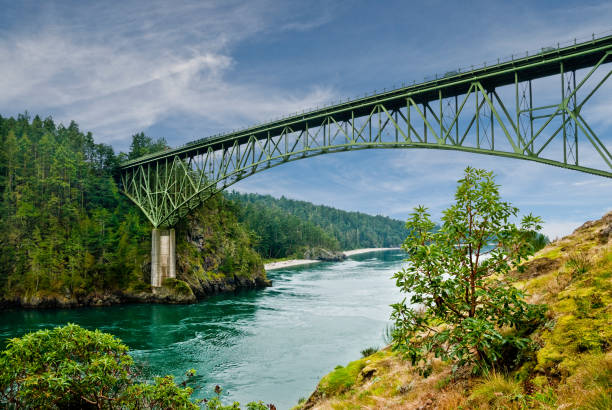 Deception Pass Bridge Deception Pass Bridge, built in 1934, is a two-lane bridges on State Route 20 between Whidbey and Fidalgo Islands in Washington State, USA. It was a Washington State, Highways project, partially built by young workers from the depression era Civilian Conservation Corps. jeff goulden pacific ocean stock pictures, royalty-free photos & images