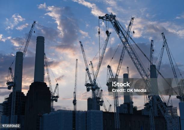 London Uk June 03 2018 Silhouette Of The Battersea Power Station And Construction Cranes Stock Photo - Download Image Now