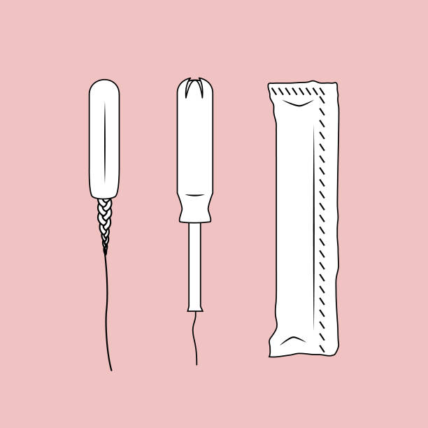 ilustraciones, imágenes clip art, dibujos animados e iconos de stock de un nuevo tampón, un tampón en su aplicador y un tampón en el empaquetado - tampon menstruation applicator hygiene