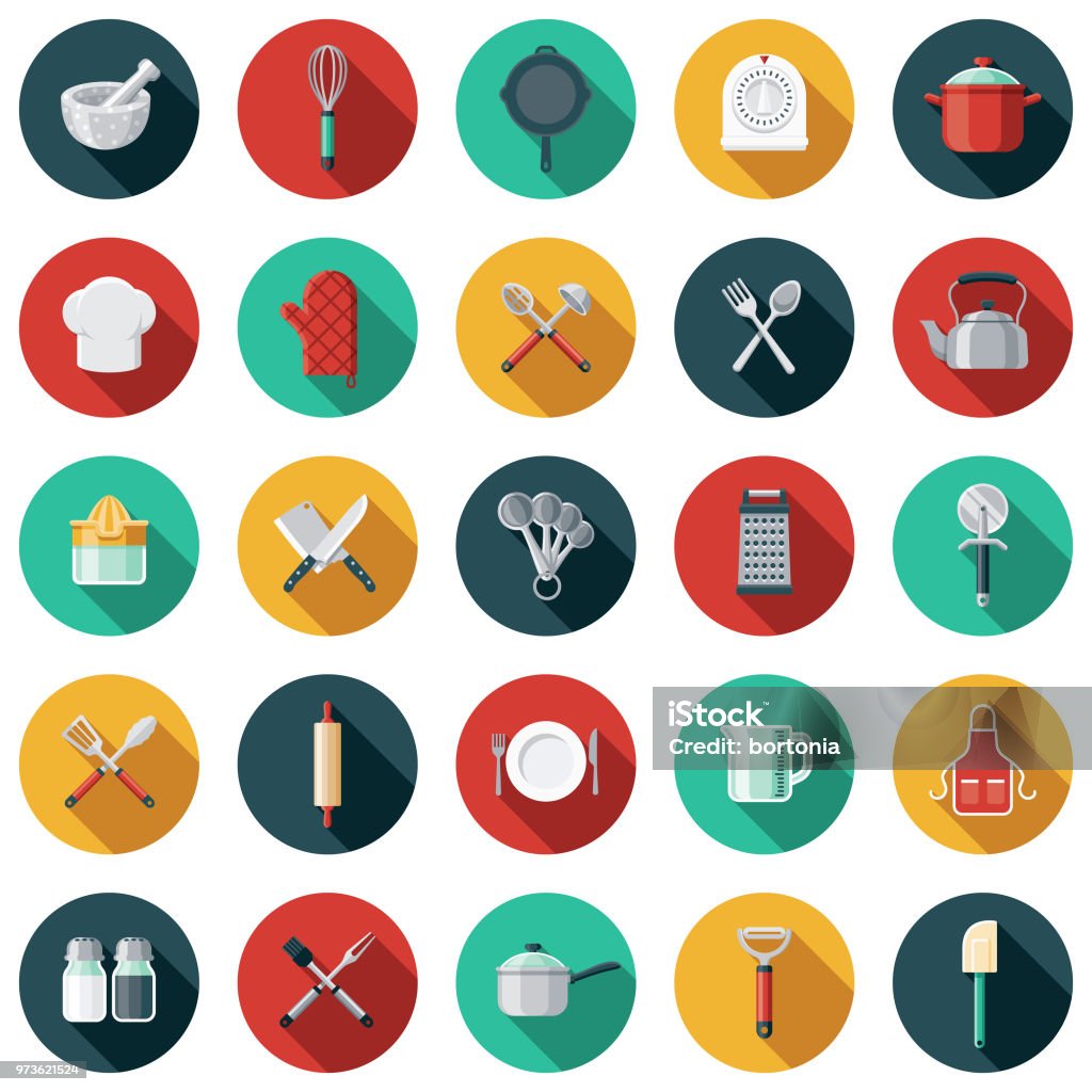 Instrumente de bucătărie Flat Design Icon Set cu Side Shadow - vector de stoc Pictogramă fără redevențe Instrumente de bucătărie Flat Design Icon Set cu Side Shadow - vector de stoc Pictogramă fără redevențe