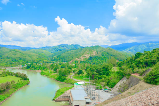 istock river in dam countryside for water Power generation. top view with copy space add text 973637668
