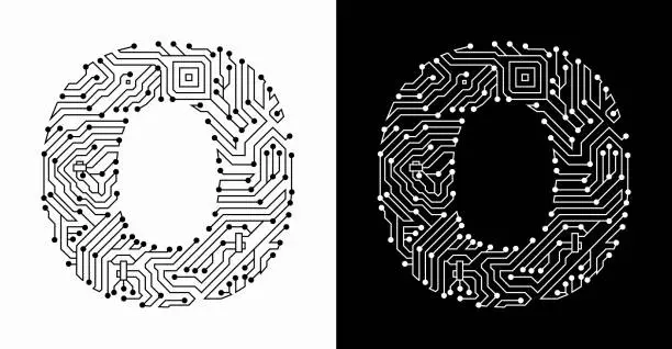 Vector illustration of Letter O in Black And White Circuit Board Font