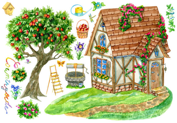 zestaw projektowy z ładnym domem fachwerk, jabłonią, starą studnią, kwiatami i przedmiotami ogrodowymi odizolowanymi na białym - tree book apple apple tree stock illustrations