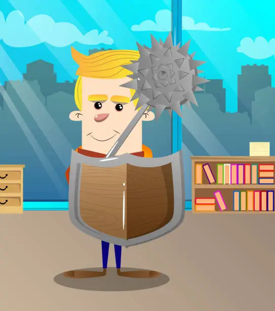 Vector illustration of Schoolboy holding a spiked mace and shield.