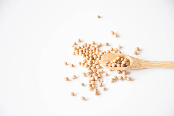 istock Dry coriander seeds with small bamboo spoon 973664286