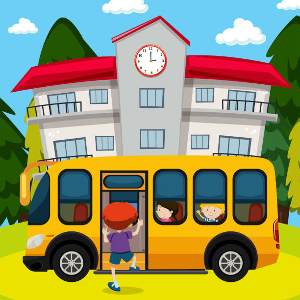 illustrations, cliparts, dessins animés et icônes de autobus scolaire devant l’école - bus child waiting education