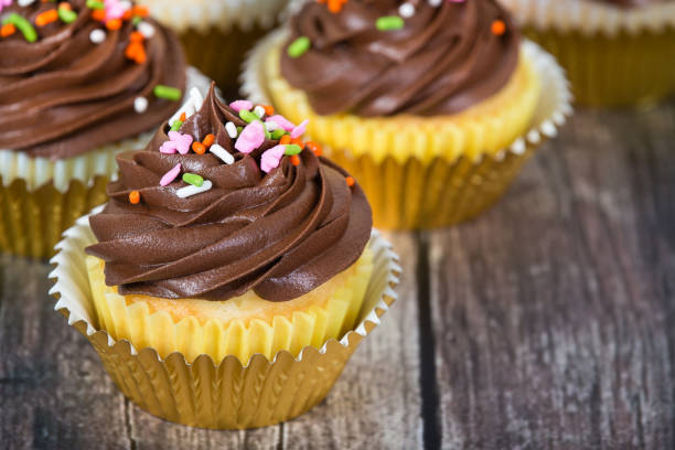istock Cupcakes decorated with creamy chocolate frosting 973666934