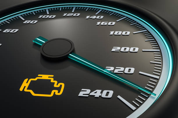 moteur vérifiez le voyant du tableau de bord voiture - speedometer gauge car speed photos et images de collection