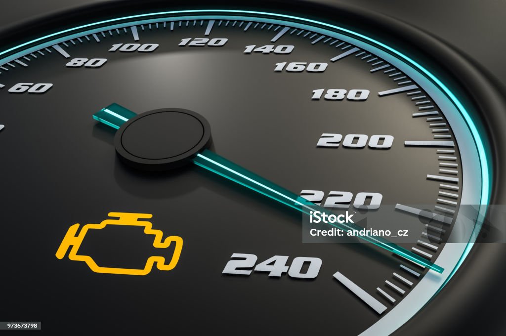 Engine check light on car dashboard Engine check light on car dashboard. 3D rendered illustration. Engine Stock Photo