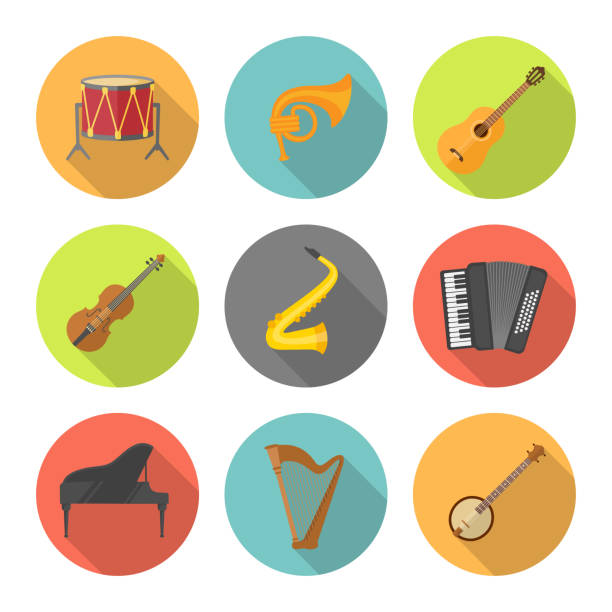 ilustraciones, imágenes clip art, dibujos animados e iconos de stock de instrumentos musicales, set de vectores planos. - blues harp