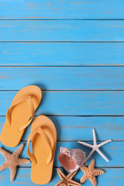 istock Tropical beach summer flip flops starfish background border vertical 973685946