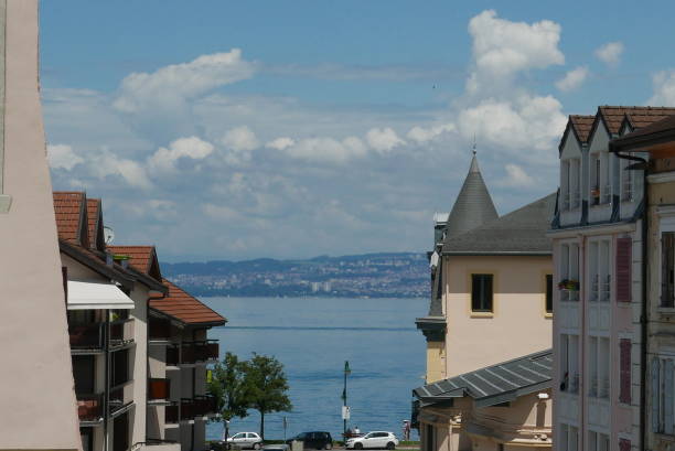 Lake Geneva view Lake viewed from old town Évian-les-Bains evian les bains stock pictures, royalty-free photos & images