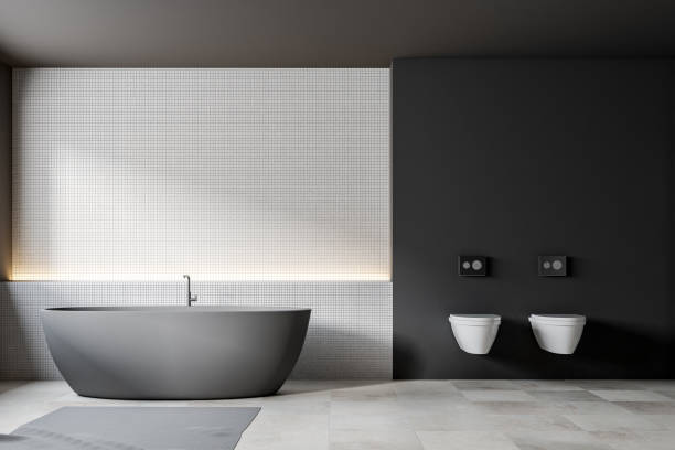 istock Gray boat shaped bathtub, white tiles, toilet 973702284