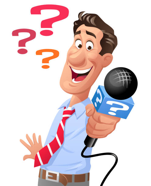 Reporter With Microphone Vector illustration of a young male reporter with a tie holding up a microphone, asking a question. Concept for media interviews, journalism and opinion polls. interview event clipart stock illustrations