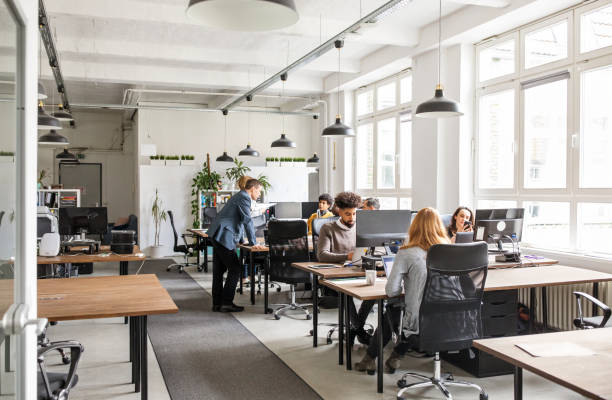 podnikatelé pracující v moderních kancelářských prostorách - kancelář - stock snímky, obrázky a fotky