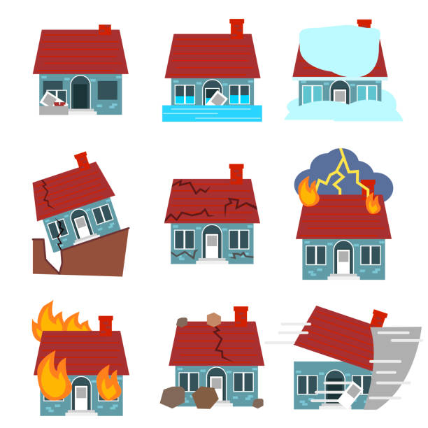 ilustraciones, imágenes clip art, dibujos animados e iconos de stock de edificio de dibujos animados desastres destrucción iconos conjunto. vector de - colapsar