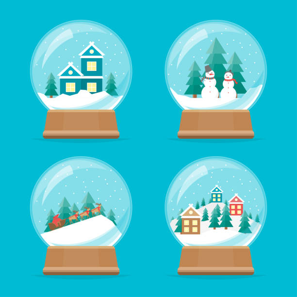 ilustraciones, imágenes clip art, dibujos animados e iconos de stock de cartoon nieve mundo iconos conjunto. vector de - snow globe dome glass transparent