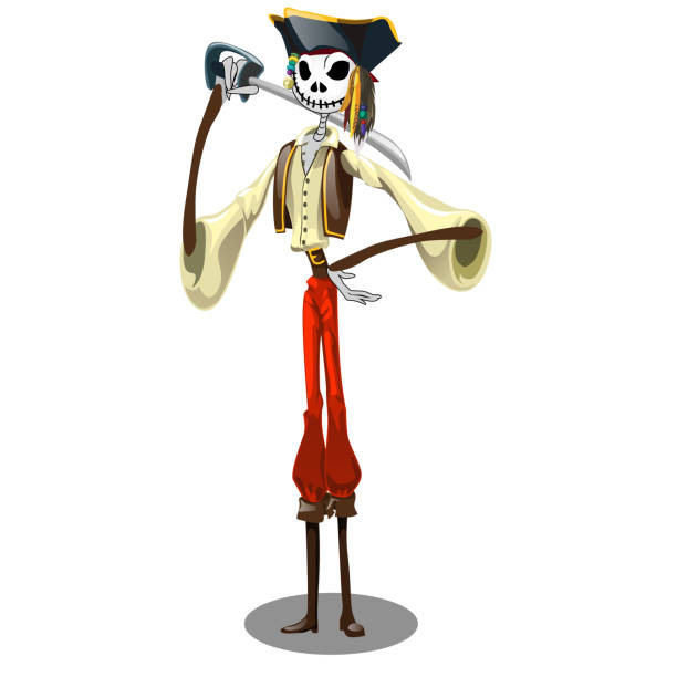 istock Skeleton of pirate with black cocked hat isolated on a white background. Ghost of a pirate. Vector illustration close-up illustration 973722894