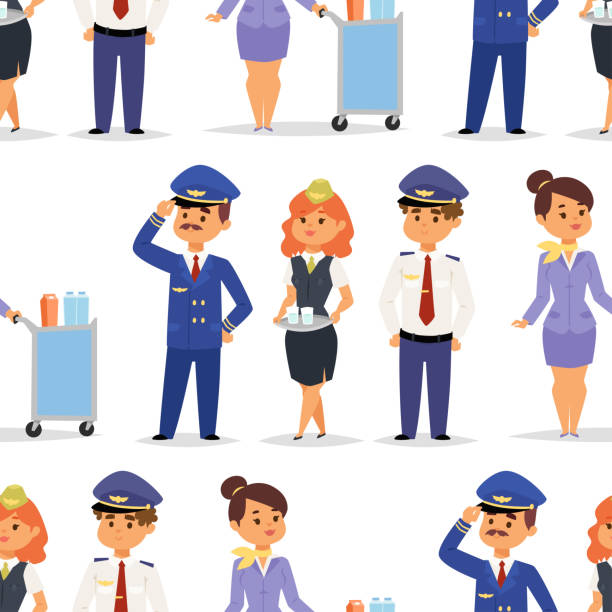 illustrazioni stock, clip art, cartoni animati e icone di tendenza di piloti e hostess illustrazione vettoriale aereo carattere aereo personale hostess assistenti di volo persone comandano sfondo modello senza soluzione di continuità - one person adult air vehicle commercial airplane