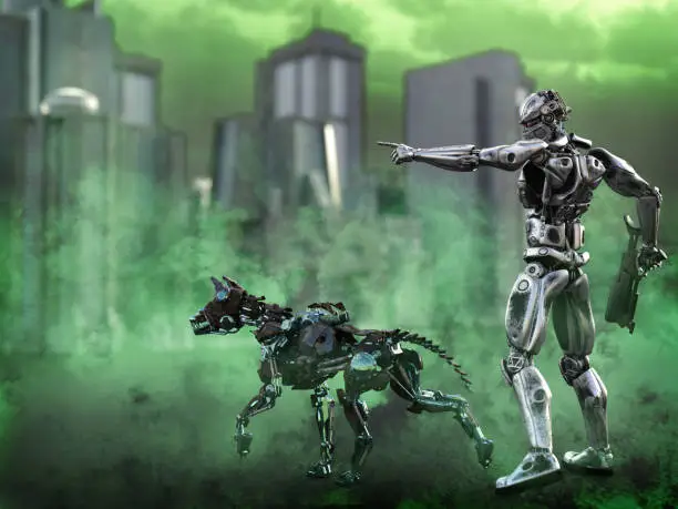 3D rendering of a futuristic mech soldier holding a rifle and pointing with a dog beside him in a polluted futuristic dystopian world. Green toxic smoke all around them.