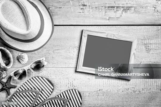 Black And White Beach Sand Background Summer Vacation Tablet Travel Cope Space Stock Photo - Download Image Now