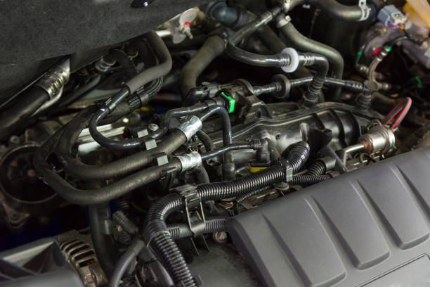 istock Details of a new car engine and attachments 973745330