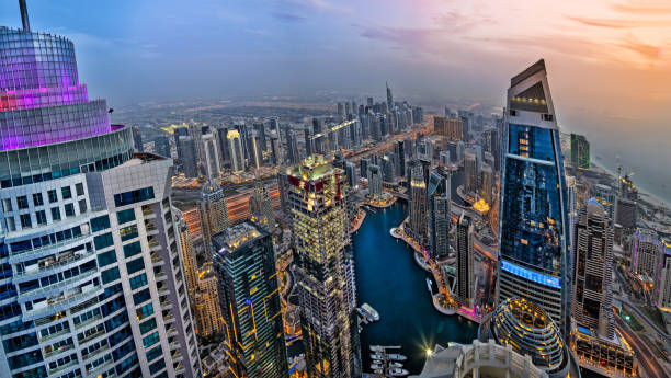 istock Dubai skyscrapers panorama during night hours 973757142
